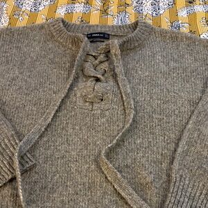 Zara Heather Gray Lace-Up Sweater